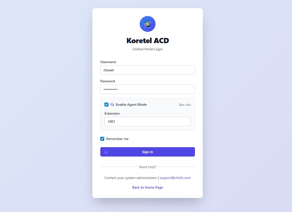 Unified login screen with agent mode enabled